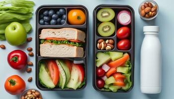 ai generado sano oficina almuerzo caja con emparedado y Fresco verduras, agua botella, nueces y frutas en escritorio. parte superior ver plano laico con Copiar espacio foto