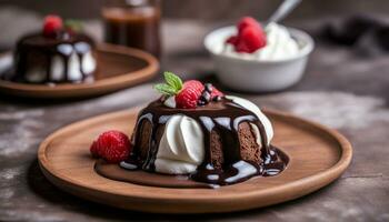 AI generated Lava Chocolate Cake topped with chocolate sauce and whipped cream, placed on a wooden plate,Crepe lava chocolate cake,Selective focus photo