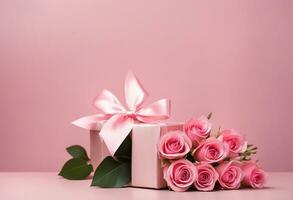 AI generated Beautiful bouquet flowers pink roses in vase and gift box with satin bow on pastel pink background table. Birthday, Wedding, Mother's Day, Valentine's day, Women's Day. Front view photo