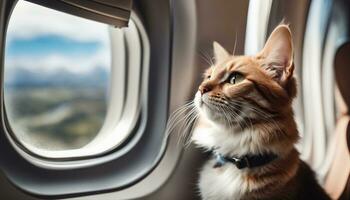 AI generated Cute cat looking through airplane window during flight. Traveling with pet photo