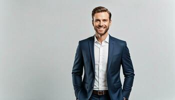 AI generated Portrait of handsome caucasian man in formal suit looking at camera smiling with toothy smile photo