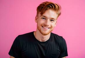 AI generated Positive young redhead male in black t shirt looking away photo