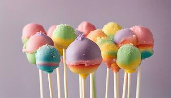 AI generated Sweet rainbow cake pops on stick. photo