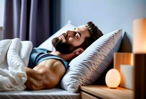 AI generated Peaceful handsome bearded young man sleeping in comfortable bed alone at home, photo