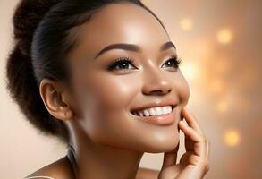 AI generated Beauty face. Smiling black woman touching healthy skin portrait. Beautiful girl photo