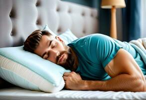 AI generated Peaceful handsome bearded young man sleeping in comfortable bed alone at home, photo