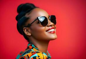 AI generated Beautiful woman wearing stylish sunglasses and smiling against red background photo