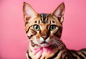 AI generated Portrait of a Bengal cat on a pink background. Copy space. photo
