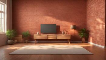 AI generated 3d render image of a warm red brick wall in the living room which has a wooden media cabinet and morning sun light shine through the window. Nobody, Minimal design, Contemporary, Pantone, photo