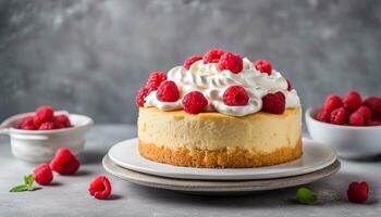 ai generado tres leches pastel con azotado crema y Fresco frambuesas en parte superior de un gris hormigón antecedentes. tradicional pastel desde latín America. Copiar espacio foto