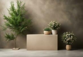 AI generated Composition empty podium material tree stone dry flowers. Product presentation. Background beige green. Beautiful background from natural materials photo