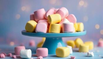 AI generated Pink and yellow marshmallow on a blue cake stand, pink background with bokeh effect. Copy space. Selective focus. photo