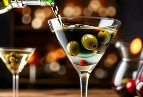 AI generated Pouring cocktail into martini glass with olives on blurred background, closeup photo