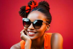 ai generado hermosa mujer vistiendo elegante Gafas de sol y sonriente en contra rojo antecedentes foto