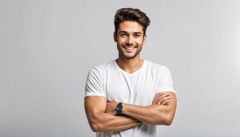 ai generado joven, hermoso y simpático cara hombre sonrisa, vestido por casualidad con contento y seguro de sí mismo foto