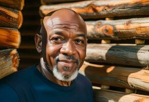AI generated Close-up portrait of bald and bearded african american senior man in log cabin photo