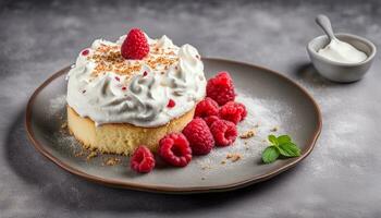 AI generated Tres leches cake with whipped cream and fresh raspberries on top of a gray concrete background. Traditional cake from Latin America. Copy space photo