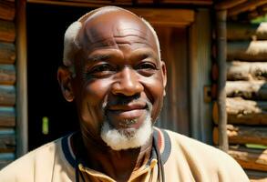 AI generated Close-up portrait of bald and bearded african american senior man in log cabin photo