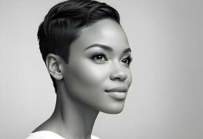 AI generated Black and white profile portrait of beautiful african american woman with short hair, closeup photo