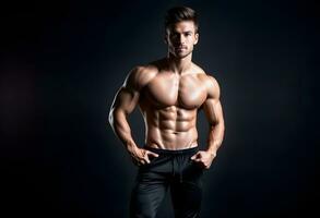 AI generated Slim muscular male model at black background. photo