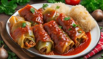 AI generated Stuffed cabbage rolls with rice and mushrooms in tomato sauce. Dolma, sarma, or golubtsy - photo