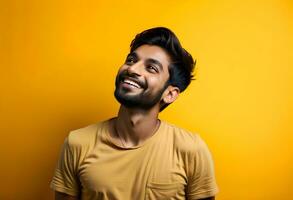 AI generated Happy joyful smiling young indian man looking aside up thinking photo