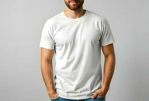 ai generado hombre vistiendo blanco camiseta en ligero gris foto