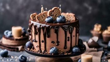 AI generated Chocolate cake decorated with blueberries, cookies and bubble chocolates on a black background photo