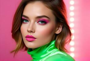 ai generado Moda retrato con rosado y verde. un hermosa glamour modelo foto