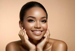 AI generated Beauty face. Smiling black woman touching healthy skin portrait. Beautiful girl photo