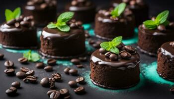 AI generated Chocolate cakes on black slatter board with mint, coffee beans on dark background, closeup photo. Fresh, tasty dessert food concept. photo