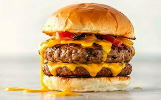 AI generated A mouthwatering close-up of a gourmet burger with dripping cheese on white background photo