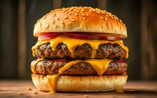 AI generated A mouthwatering close-up of a gourmet burger with dripping cheese on white background photo