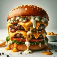 AI generated A mouthwatering close-up of a gourmet burger with dripping cheese on white background photo