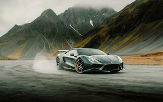 AI generated A matte black supercar emerges from a swirling fog bank, its sleek silhouette outlined against a dramatic mountain backdrop. photo