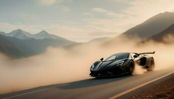 AI generated A matte black supercar emerges from a swirling fog bank, its sleek silhouette outlined against a dramatic mountain backdrop. photo