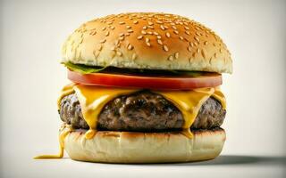 AI generated A mouthwatering close-up of a gourmet burger with dripping cheese on white background photo