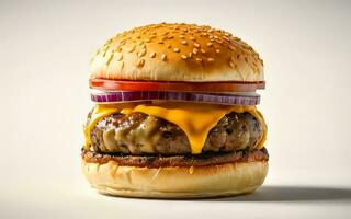 AI generated A mouthwatering close-up of a gourmet burger with dripping cheese on white background photo