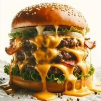 AI generated A mouthwatering close-up of a gourmet burger with dripping cheese on white background photo