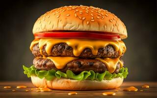 AI generated A mouthwatering close-up of a gourmet burger with dripping cheese on white background photo