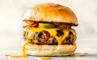 AI generated A mouthwatering close-up of a gourmet burger with dripping cheese on white background photo