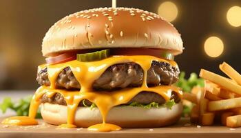 AI generated A mouthwatering close-up of a gourmet burger with dripping cheese on white background photo