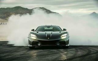 AI generated A matte black supercar emerges from a swirling fog bank, its sleek silhouette outlined against a dramatic mountain backdrop. photo