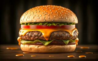 AI generated A mouthwatering close-up of a gourmet burger with dripping cheese on white background photo