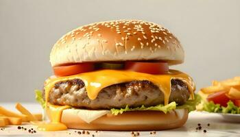 AI generated A mouthwatering close-up of a gourmet burger with dripping cheese on white background photo