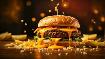 AI generated A mouthwatering close-up of a gourmet burger with dripping cheese on white background photo