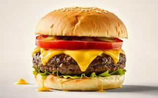 AI generated A mouthwatering close-up of a gourmet burger with dripping cheese on white background photo