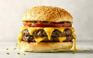 AI generated A mouthwatering close-up of a gourmet burger with dripping cheese on white background photo