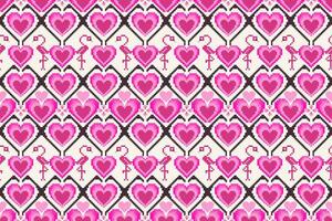 étnico modelo con corazones y flamencos en píxel Arte ilustración. vector sin costura modelo diseño para tela, teja, envase, fondo de pantalla y antecedentes.
