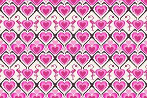 Ethnic Pattern with Hearts and Flamingos in Pixel Art Illustration.  Vector seamless pattern design for fabric, tile, wrapping, wallpaper and background.